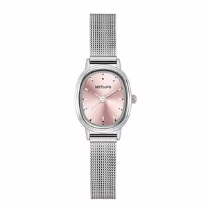 Silver Mesh Watch with Pink Sunburst Dial & Rounded Rectangular Case